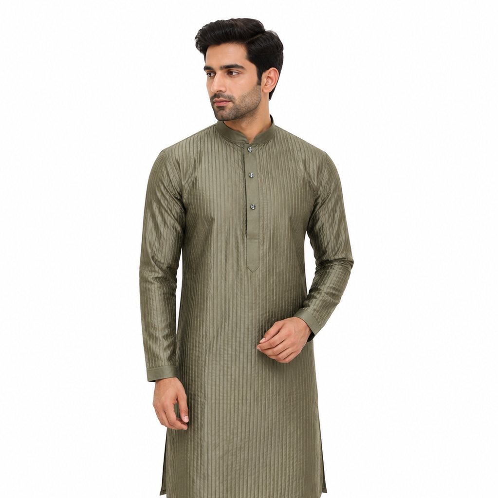 Olive Green Textured Premium Kurta Pajama Set