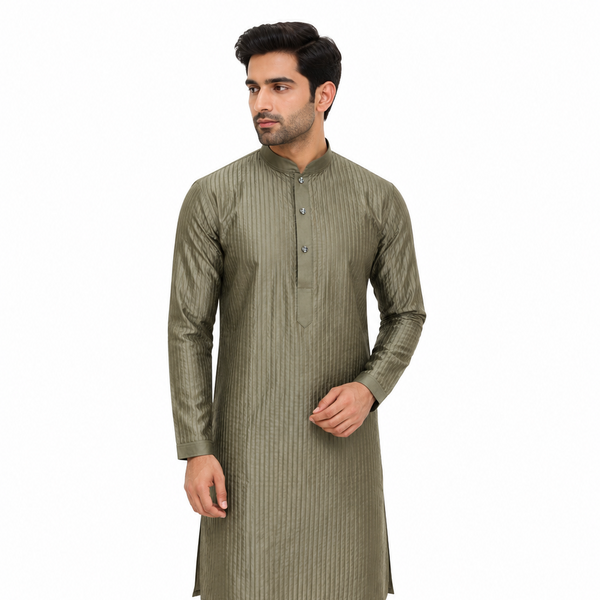 Olive Green Textured Premium Kurta Pajama Set