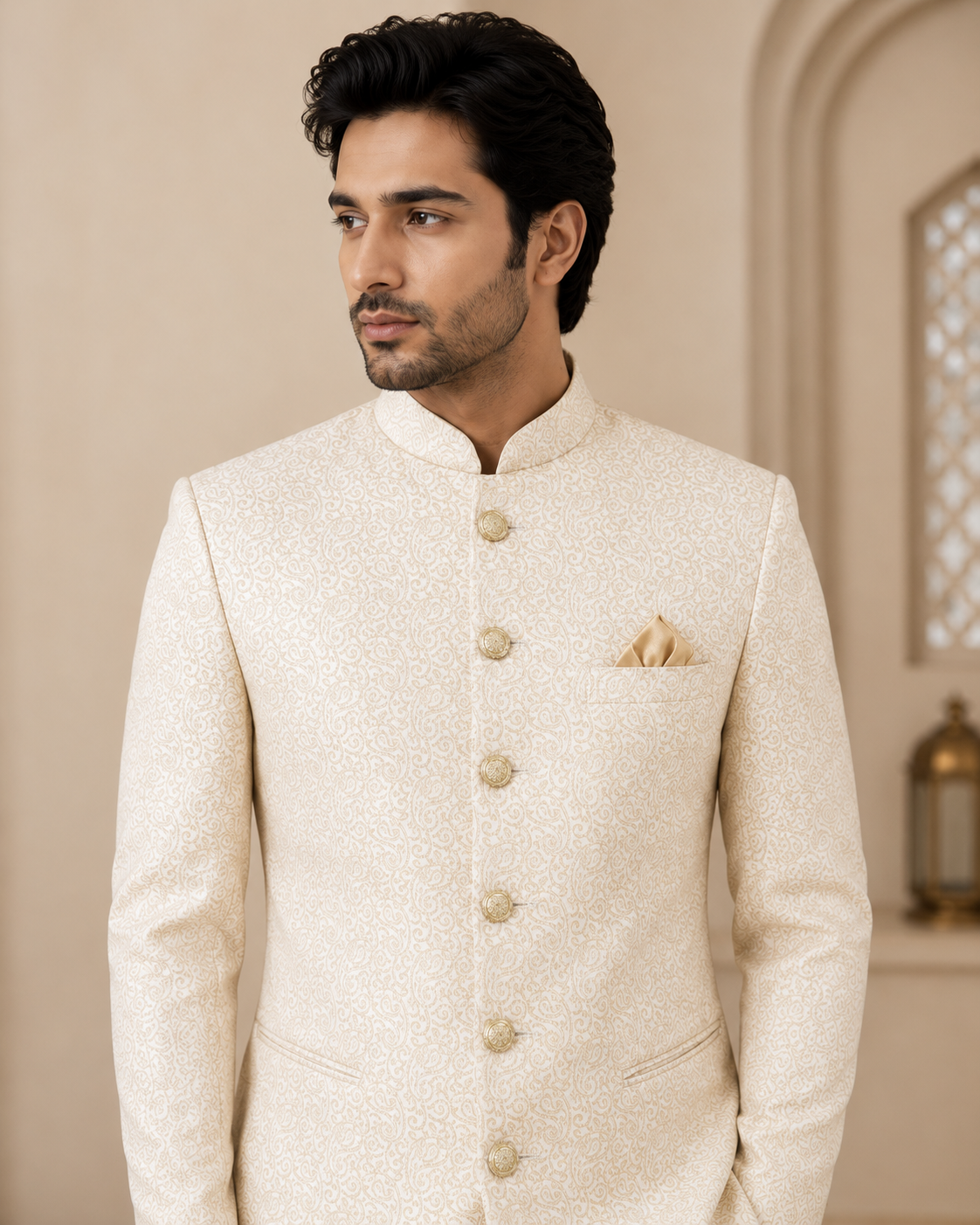 Cream Jacquard Jodhpuri Bandhgala Suit for Men | Wedding & Party Wear