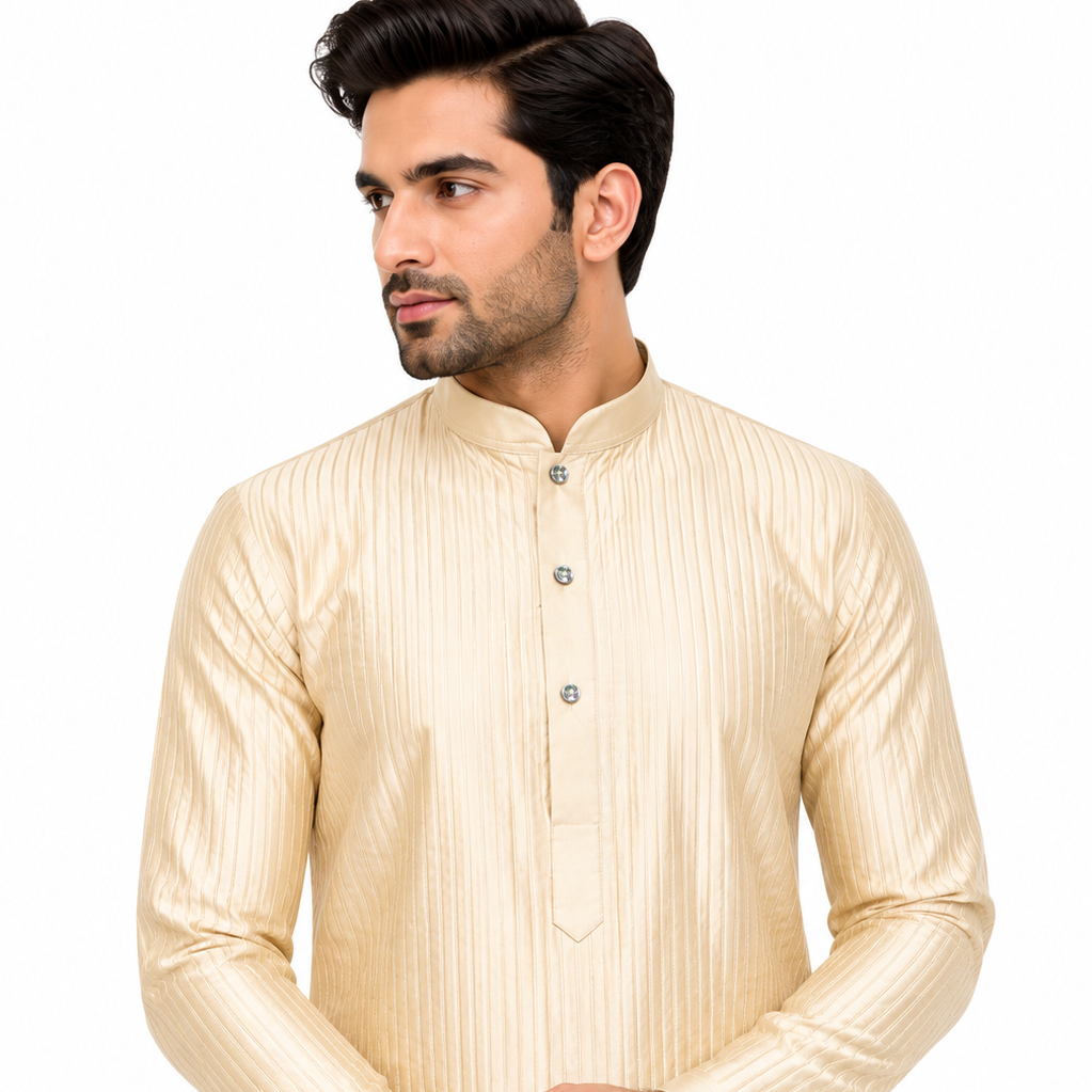 Cream Textured Premium Kurta Pajama Set