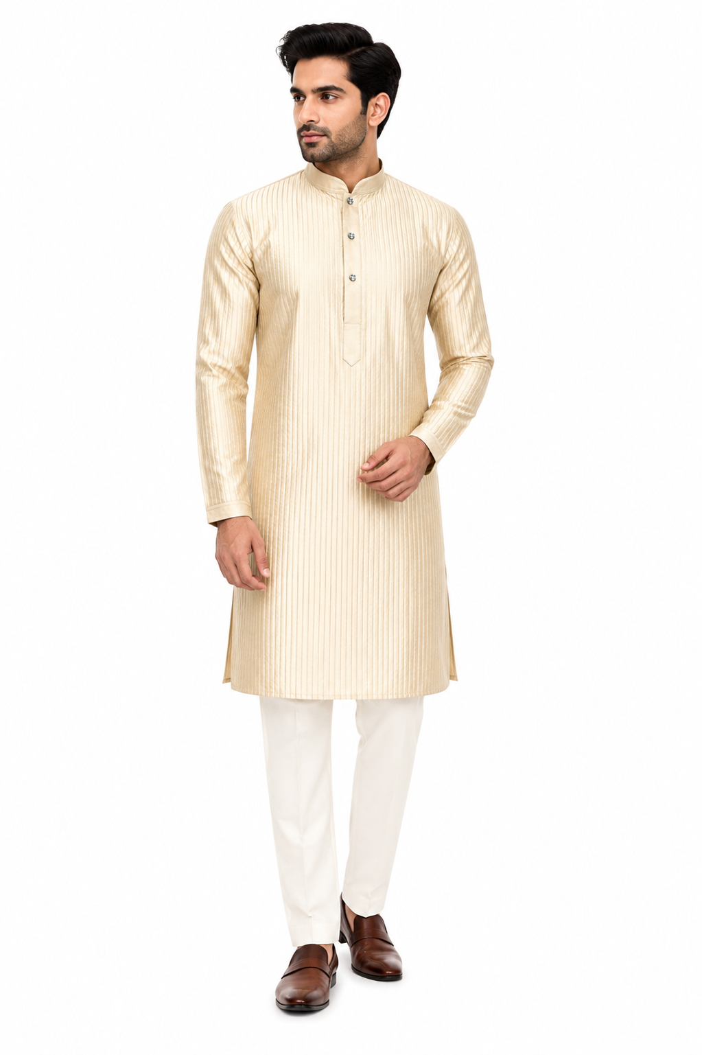 Cream Textured Premium Kurta Pajama Set