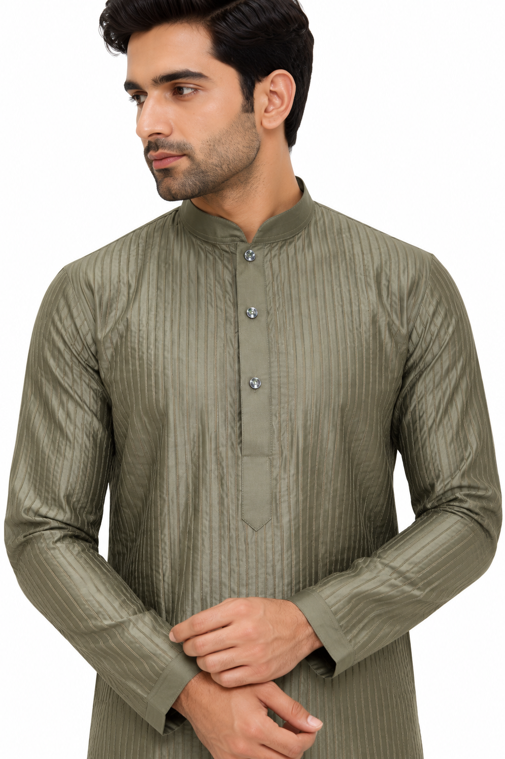 Olive Green Textured Premium Kurta Pajama Set