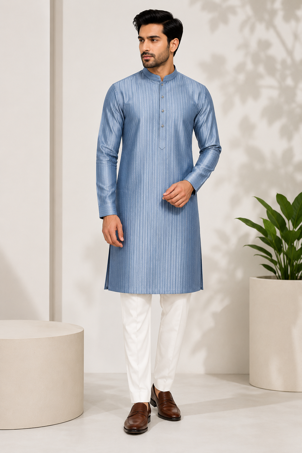 Sky Blue Textured Premium Kurta Pajama Set